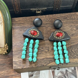 丹麦Monies风木质手工耳环中古vintage松石复古夸张设计个性耳饰