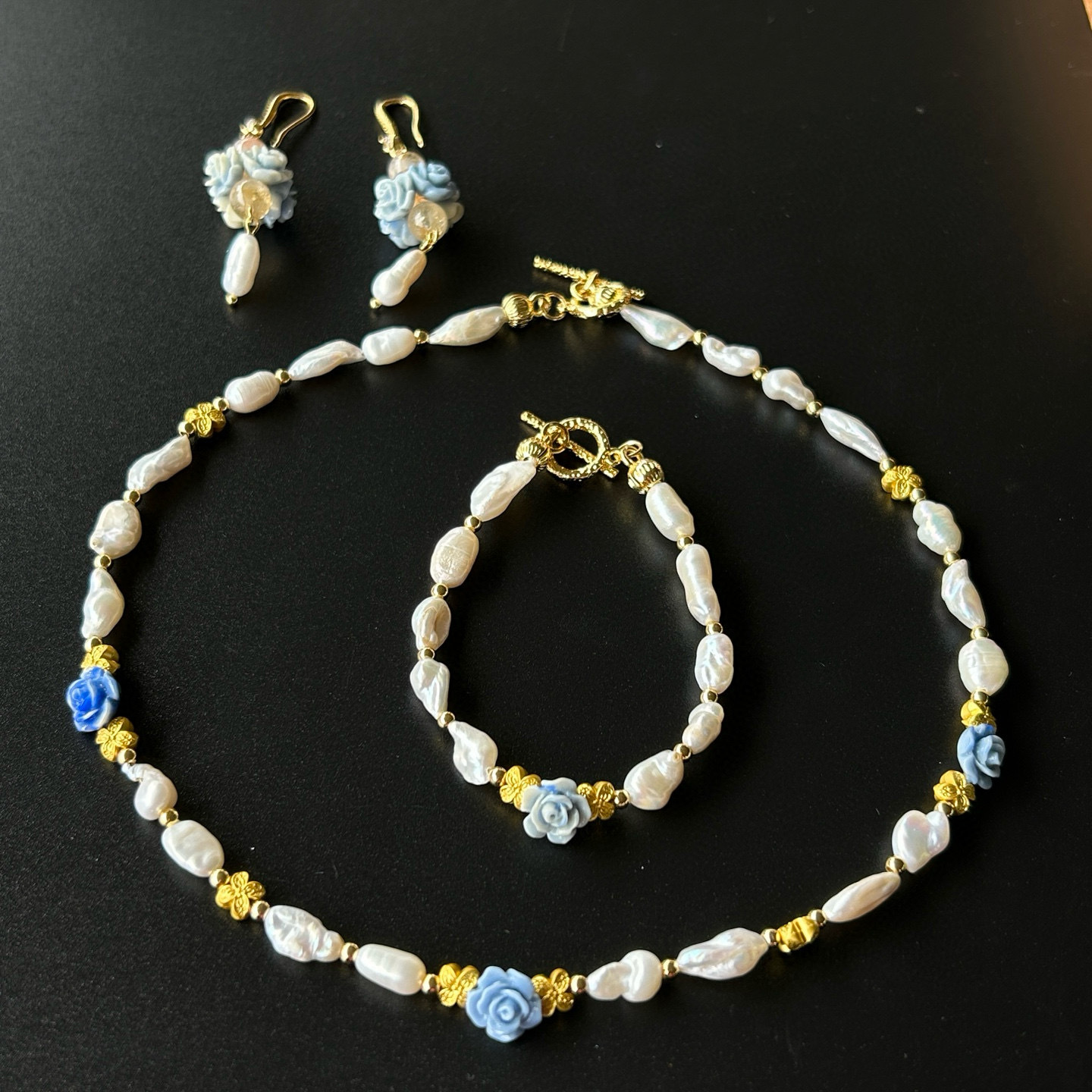 天然巴洛克淡水珍珠项链法式复古轻奢蓝色渐变贝壳玫瑰花首饰套装
