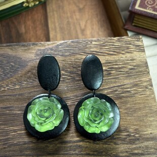 Monies风木质手工耳环绿色磨砂果冻琉璃花夸张个性大耳饰925银针