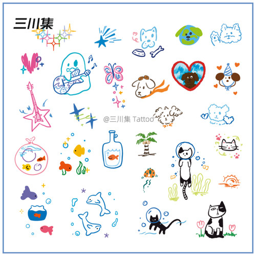 萌趣幻想组合纹身贴 小动物猫咪狗狗吉他爱心海豚小鱼手绘小图案