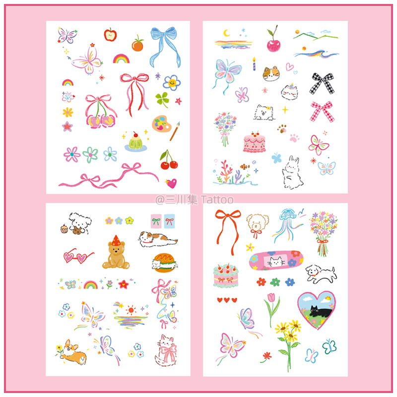 超可爱小图案纹身贴动漫防水持久女手指手臂情侣男女彩色猫咪小狗