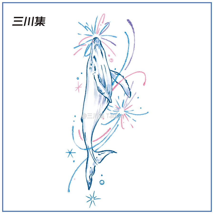 浪漫鲸鱼烟花纹身贴 海底世界手绘感手臂贴纸防水持久女 仿真贴纸