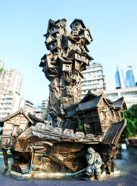 玻璃钢铸铜木屋人物塑像