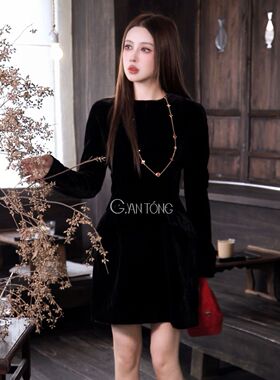 定制真丝丝绒长袖连衣裙秋冬修身圆领QZ1063