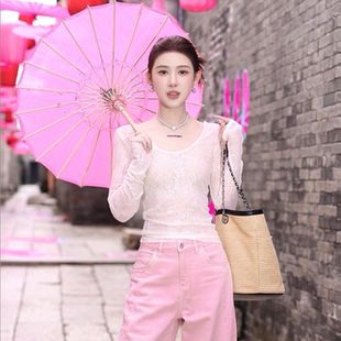郭彦彤肌理感蕾丝显瘦上衣打底衫 紧身内搭DD1310 白色软糯亲肤春季