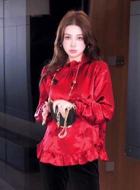 G.yantong新中式定制提花红色上衣花边衬衫女斜襟长袖DD1253