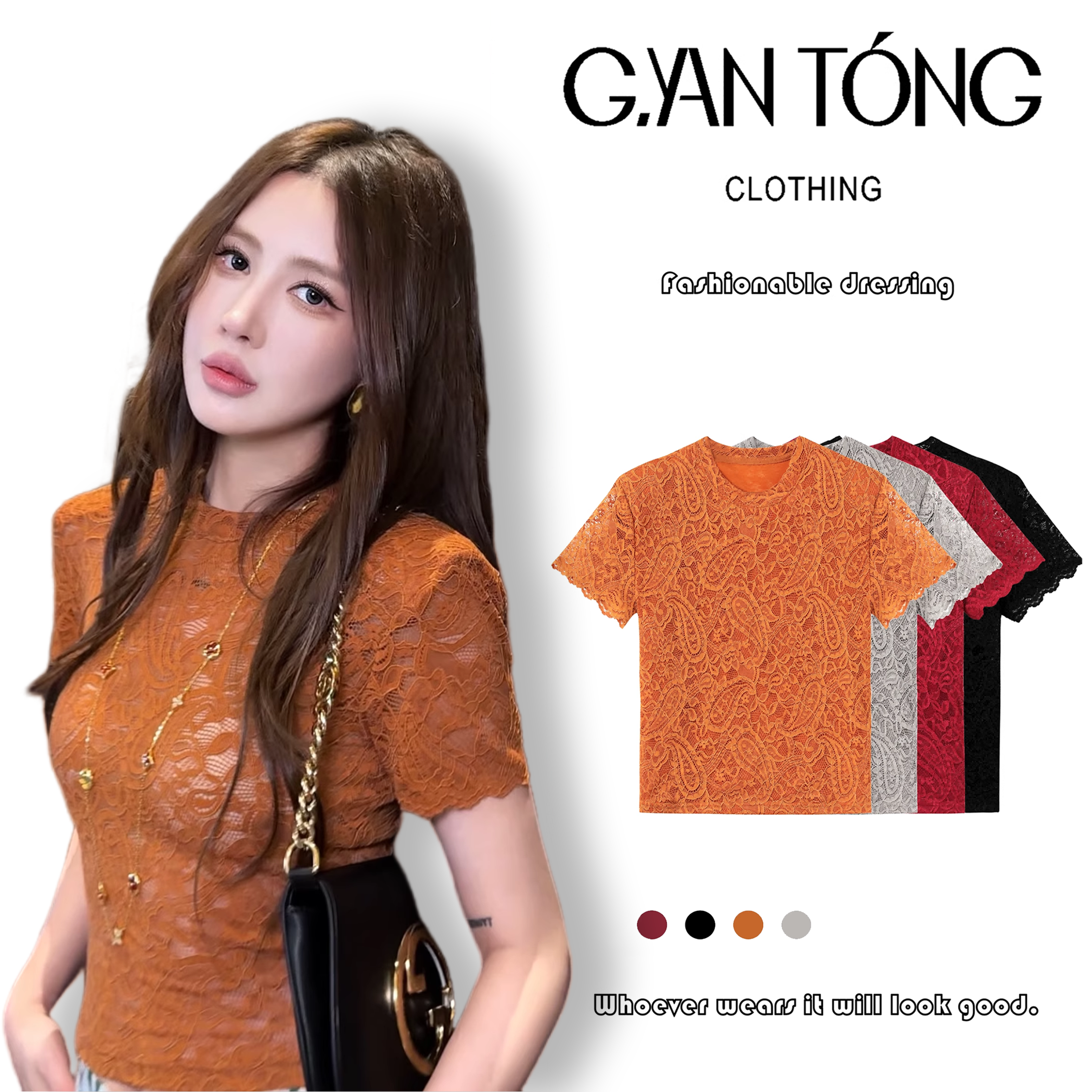 G.yantong郭彦彤蕾丝短袖T恤女夏2025新款上衣时尚显瘦气质DDL70