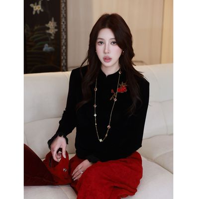 手工刺绣钉珠立领时尚长袖衬衫女