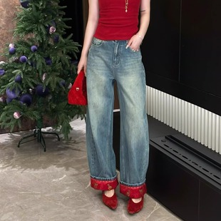 女休闲风KZ127 直筒裤 G.郭彦彤高腰国风翻边刺绣无弹牛仔裤 时尚