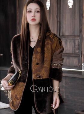 G.yantong郭彦彤国风拼接拉贡羊毛白鹅绒服女冬季外套WT1058