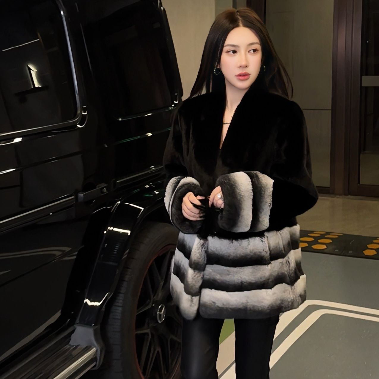 新款V领时尚休闲气质减龄水貂