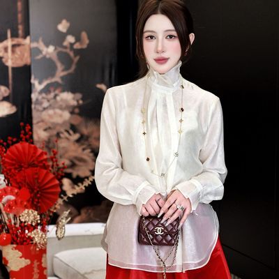 定制流光感荷叶袖立领亲肤女衬衫