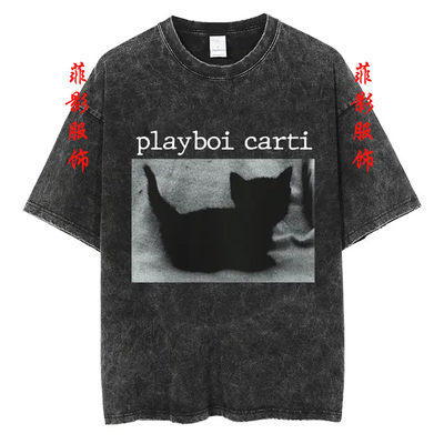 歌手Playboi Carti亚特兰大复古水洗黑T恤短袖男女宽松印花上衣