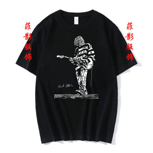 欧美摇滚吉他Kurt Cobain复古水洗黑做旧印花短袖圆领T恤男女上衣