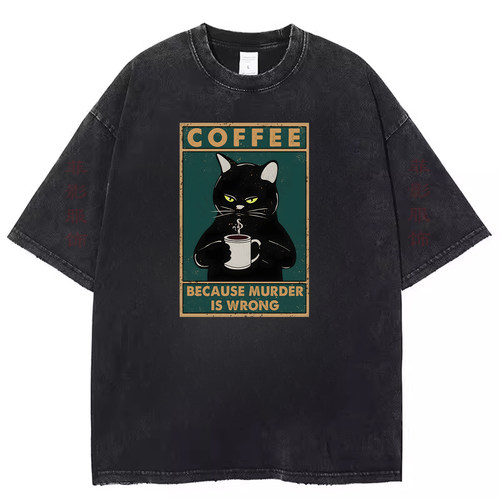 欧美有趣搞笑创意Coffee Cat meme复古水洗黑做旧短袖t恤男女上衣