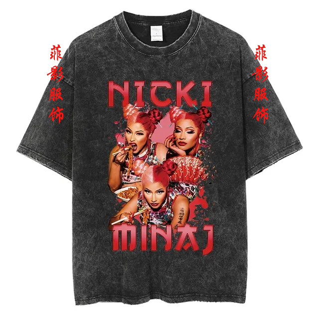 复古美国说唱女歌手Nicki Minaj妮琪·米娜洗水黑做旧t恤印花短袖