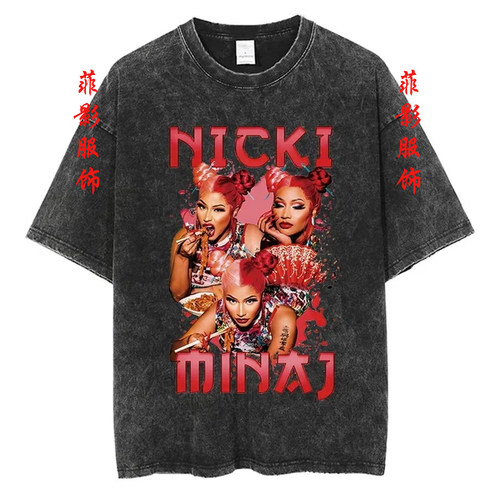 复古美国说唱女歌手Nicki Minaj妮琪·米娜洗水黑做旧t恤印花短袖