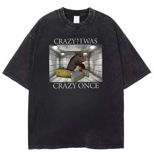 欧美有趣Crazy Rat Meme复古水洗黑做旧短袖t恤男女印花圆领上衣