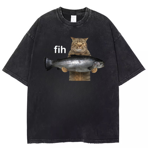 搞笑有趣的猫咪cat fish复古水洗黑做旧短袖t恤meme美式梗图上衣