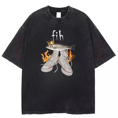 欧美Fih Funny Meme复古水洗黑做旧短袖t恤Fish Shirt男女上衣