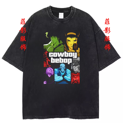 动漫星际牛仔Cowboy Bebop菅野洋子复古水洗做旧圆领短袖T恤上衣