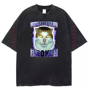 欧美Monday Left Me Broken Cat Meme复古水洗黑做旧短袖t恤上衣