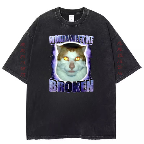 欧美Monday Left Me Broken Cat Meme复古水洗黑做旧短袖t恤上衣