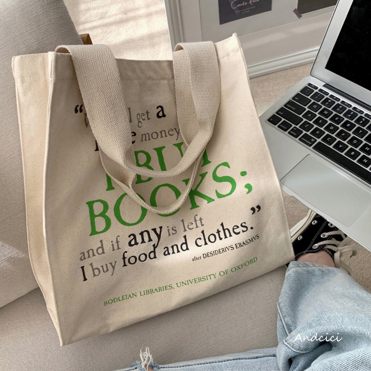 I buy books~英国小清新帆布包单肩大容量拉链购物袋男女学生书包