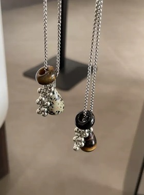 小众复古天然石葡萄串钛钢长项链