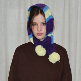 BKP「撞色球」凹造型搭配 复古韩系可爱含羊毛条纹毛球针织围巾女