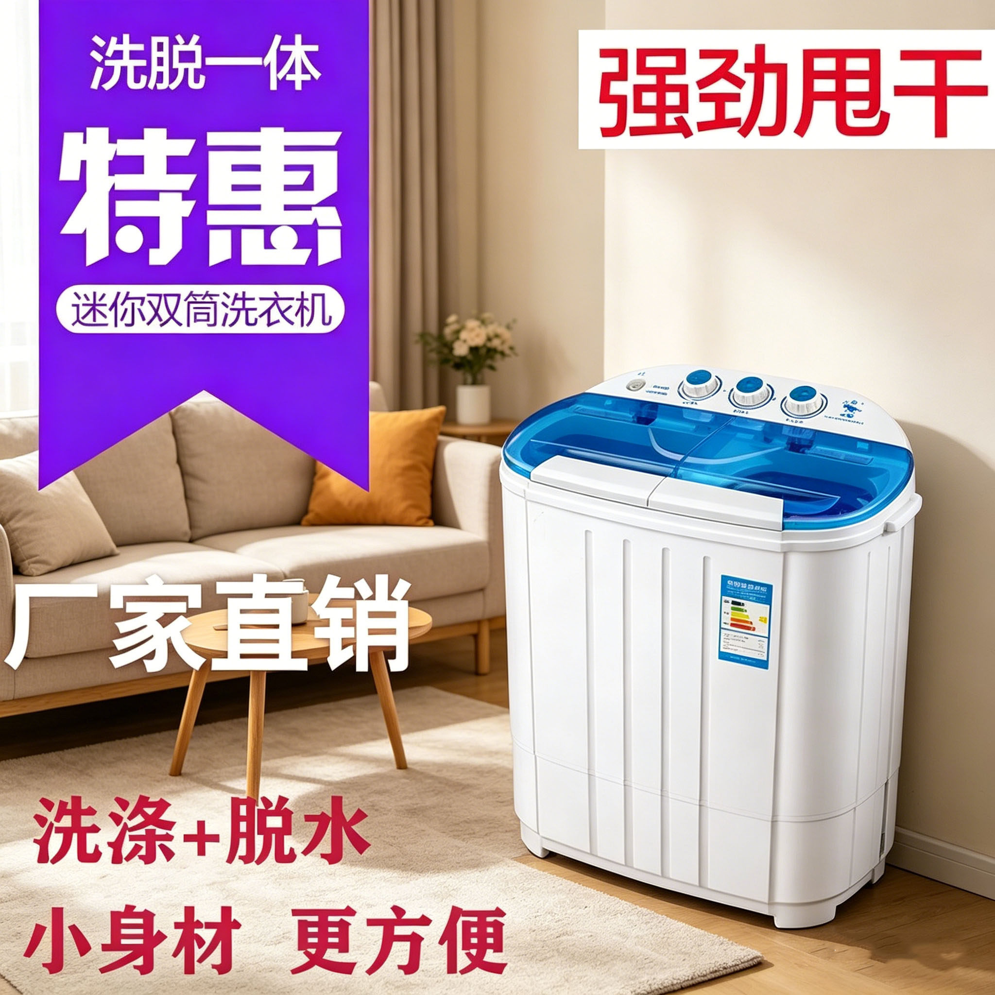 小型双桶半自动洗衣机洗脱一体