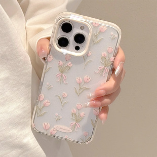 甜美粉郁金iPhone15苹果16promax手机壳适用14小清新花朵13透明11