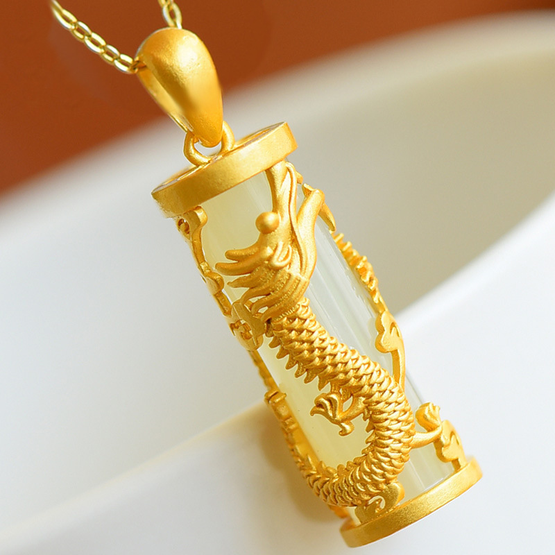 仿和田玉龙凤柱吊坠男女款传承镀金镶玉龙柱生肖玉坠十字项链挂坠