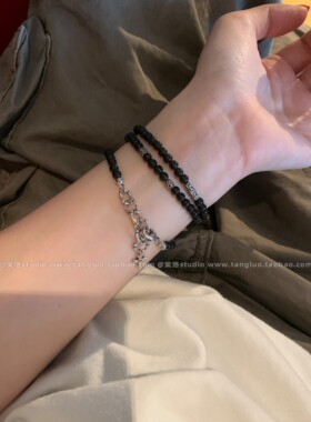 多戴款 黑色玛瑙多层绕圈手链女甜酷高级感串珠手环辣妹百搭手饰