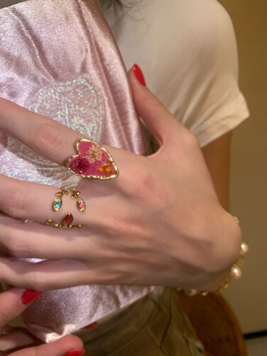 棠洛 春夏树脂干花爱心戒指女小众彩色叠戴指环多巴胺食指戒指潮