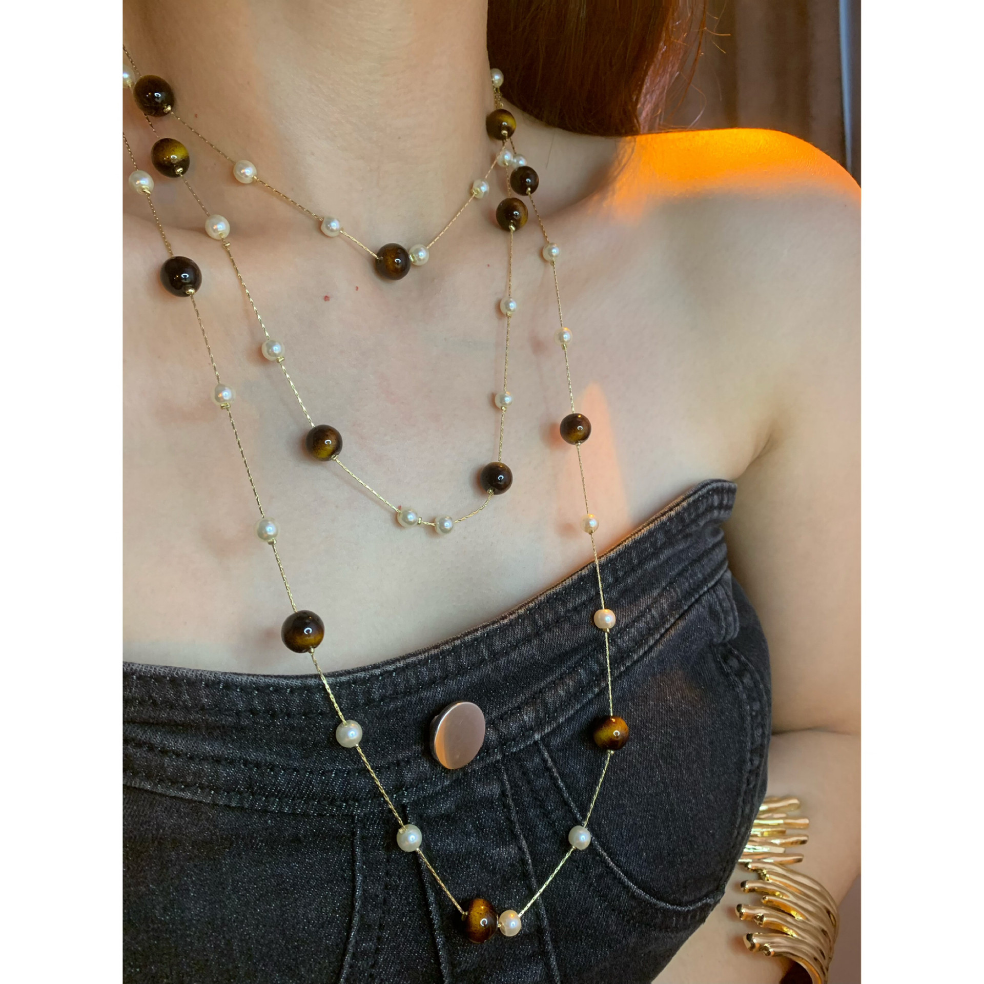 高级感珍珠虎眼石长款项链女轻奢精致毛衣链秋冬2026小众设计感潮,饰品/流行首饰/时尚饰品新,项链,淘宝优惠券,粉丝福利购,淘宝优惠卷