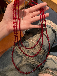 一条三层高级感红色尖晶石长款毛衣链女辣妹夸张叠戴颈链配饰2026