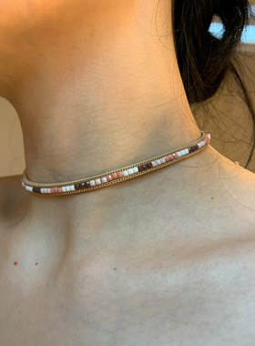 【棠洛】米珠马赛克choker颈链女个性小众皮革颈链辣妹风细项圈潮