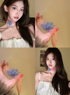 「春日昭和」粉透蕾丝choker颈链女侧边花朵项圈锁骨链小众度假风