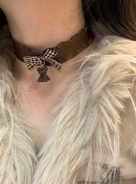 棠洛 蝴蝶结小熊款choker项圈女丝带布艺锁骨链个性鬼马少女颈链