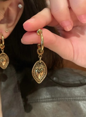棠洛 vintage金心之盾爱心耳环复古做旧波西米亚风耳饰2024新款