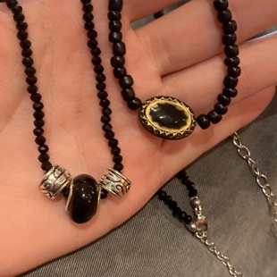 两条都好看!小桶珠高级感串珠项链黑晶石锁骨链百搭黑色choker
