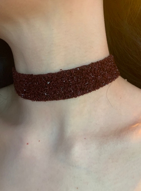 出片氛围感 暗酒红丝绒亮片choker颈链女个性独特锁骨链辣妹项圈