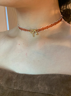 棠洛 橘色薄纱蝴蝶结choker颈链女春夏氛围感丝带锁骨链日常百搭