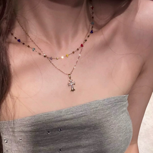 棠洛 柏林少女 复古彩色碎石锁骨链叠戴金色闪钻十字架项链女潮
