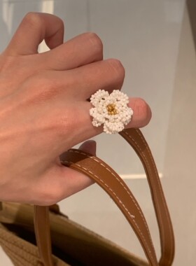 vintage 小香风奶油山茶花戒指女手工串珠花朵高级感编织食指戒潮