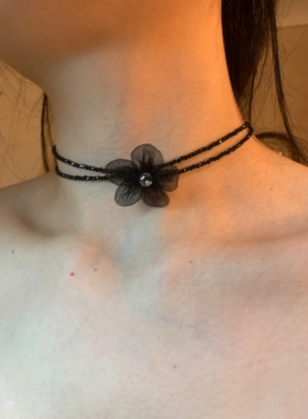 棠洛 双层黑色尖晶石细闪花朵choker颈链手作款锁骨链显脖子细长