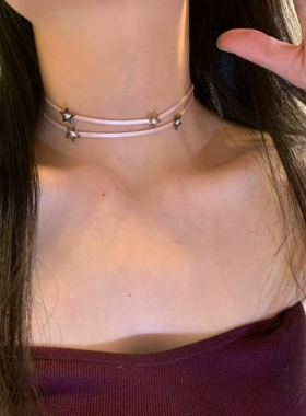 棠洛 y2k珠光粉 星星choker颈链女甜酷皮革项圈黑皮辣妹锁骨链潮