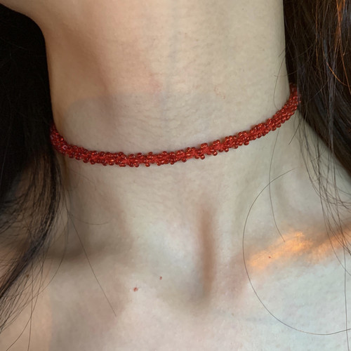 棠洛 红色钉珠choker颈链女小众独特细款红色项链短款辣妹项链潮