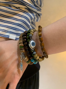 欧美辣妹风 恶魔之眼松石羽毛5件套木珠弹力手串女波西米亚风手环